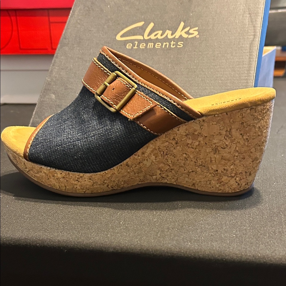 Clarks Elements Denim and Brown Wedge Sandals